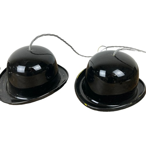 553 - A SET OF THREE BLACK GLASS 'BOWLER HAT' CEILING LIGHTS, 

Largest 29cm x 26cm