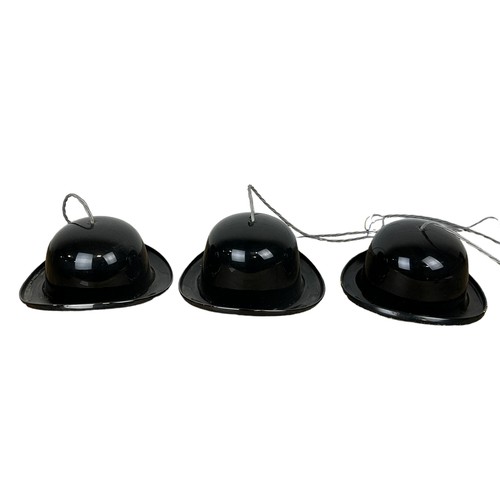 553 - A SET OF THREE BLACK GLASS 'BOWLER HAT' CEILING LIGHTS, 

Largest 29cm x 26cm