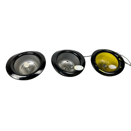 553 - A SET OF THREE BLACK GLASS 'BOWLER HAT' CEILING LIGHTS, 

Largest 29cm x 26cm