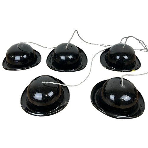 554 - A SET OF FIVE BLACK GLASS 'BOWLER HAT' CEILING LIGHTS, 

Largest 29cm x 26cm