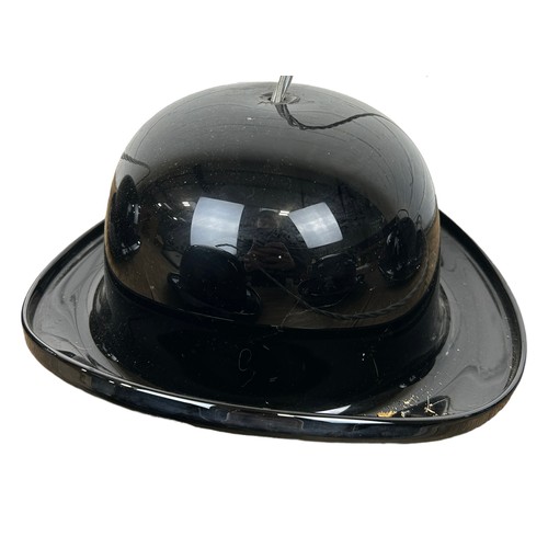 554 - A SET OF FIVE BLACK GLASS 'BOWLER HAT' CEILING LIGHTS, 

Largest 29cm x 26cm