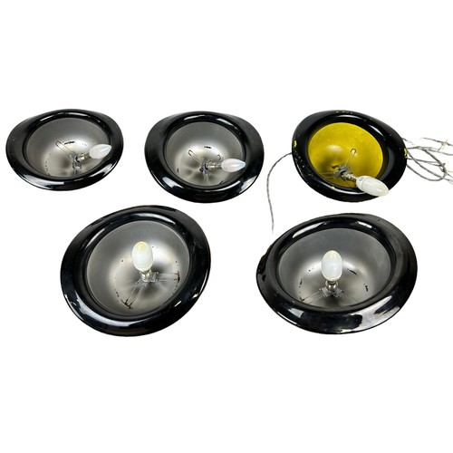 554 - A SET OF FIVE BLACK GLASS 'BOWLER HAT' CEILING LIGHTS, 

Largest 29cm x 26cm