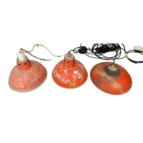 557 - A SET OF FIVE INDUSTRIAL STYLE RED PAINTED AND GREY METAL CEILING LIGHTS, 

Largest 32cm D