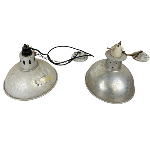 557 - A SET OF FIVE INDUSTRIAL STYLE RED PAINTED AND GREY METAL CEILING LIGHTS, 

Largest 32cm D