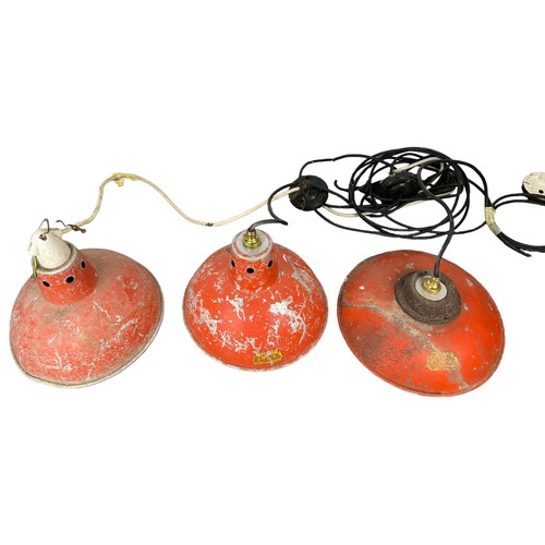 557 - A SET OF FIVE INDUSTRIAL STYLE RED PAINTED AND GREY METAL CEILING LIGHTS, 

Largest 32cm D