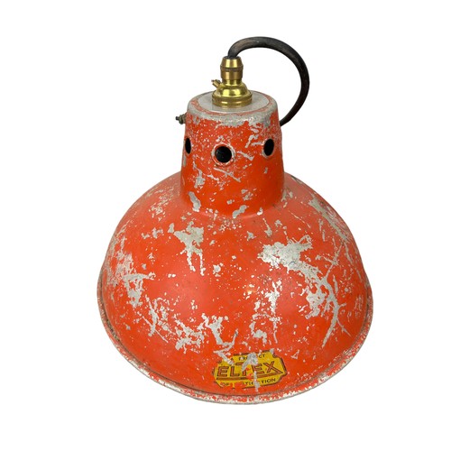 557 - A SET OF FIVE INDUSTRIAL STYLE RED PAINTED AND GREY METAL CEILING LIGHTS, 

Largest 32cm D