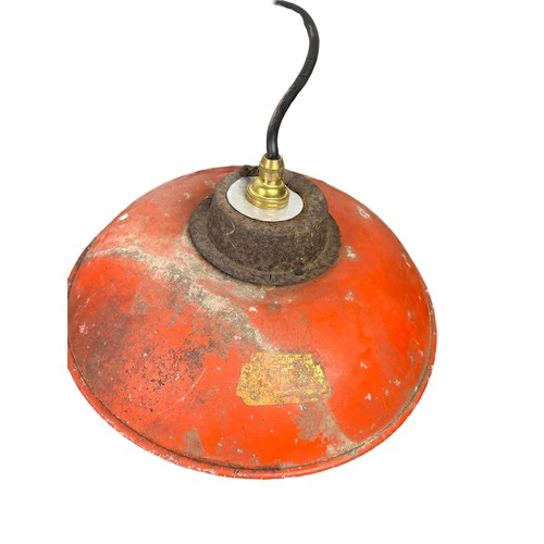 557 - A SET OF FIVE INDUSTRIAL STYLE RED PAINTED AND GREY METAL CEILING LIGHTS, 

Largest 32cm D