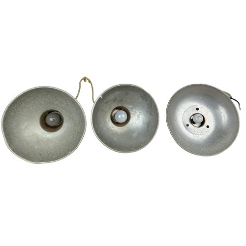 557 - A SET OF FIVE INDUSTRIAL STYLE RED PAINTED AND GREY METAL CEILING LIGHTS, 

Largest 32cm D