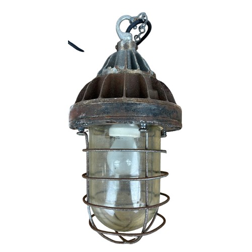 561 - A LARGE 1950'S INDUSTRIAL HEAVY METAL CEILING LIGHT WITH GLASS SHADE, 

39cm x 21cm