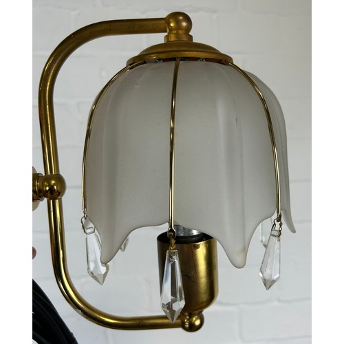 558 - A SET OF FOUR ART DECO STYLE BRASS WALL LIGHTS WITH OPAQUE GLAS SHADES,

20cm x 20cm each.