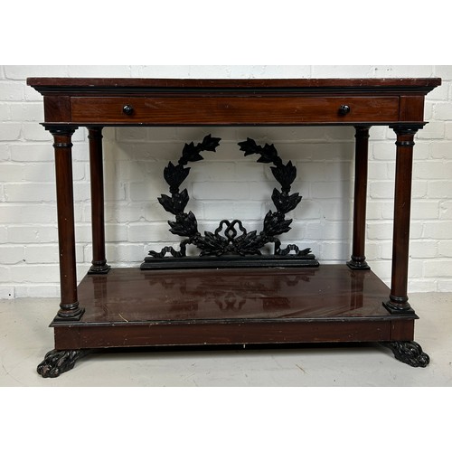 469 - A REGENCY STYLE REPRODUCTION MAHOGANY CONSOLE TABLE WITH METAL WREATH, 

108cm x 80cm x 46cm

Proven... 