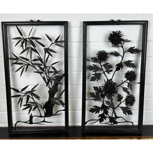 584 - A PAIR OF CHINESE METAL WALL HANGINGS WITH FLORAL AND BAMBOO DESIGN, 

56cm x 31cm