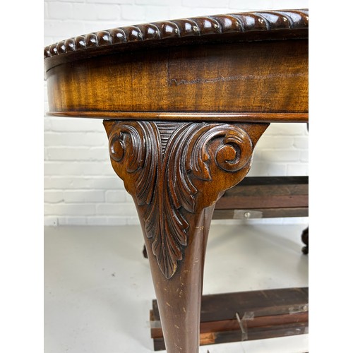 518 - A LARGE GEORGIAN DESIGN REPRODUCTION MAHOGANY DINING TABLE PURCHASED FROM HARRODS IN LONDON, 

With ... 