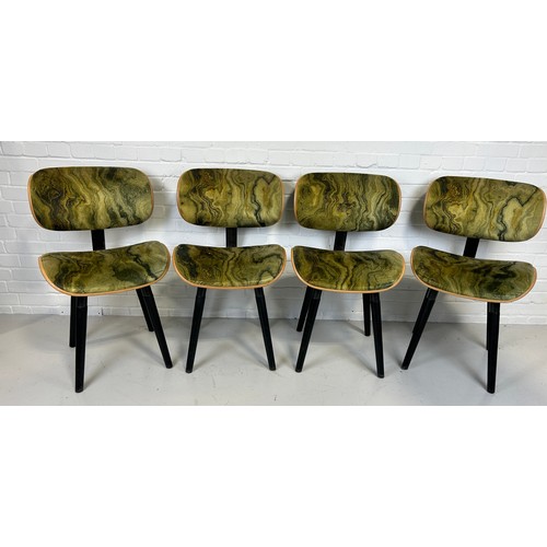 476 - A SET OF FOUR ITALIAN MID CENTURY DESIGN DINING CHAIRS UPHOLSTERED IN GREEN 'MARBLE EFFECT' FABRIC,
... 