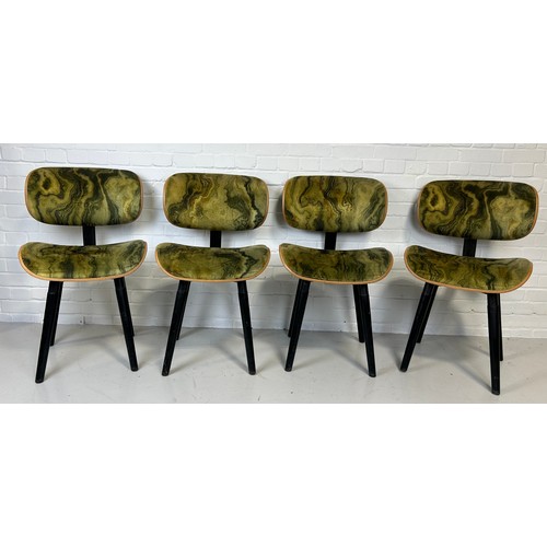 477 - A SET OF FOUR ITALIAN MID CENTURY DESIGN DINING CHAIRS UPHOLSTERED IN GREEN 'MARBLE EFFECT' FABRIC,
... 