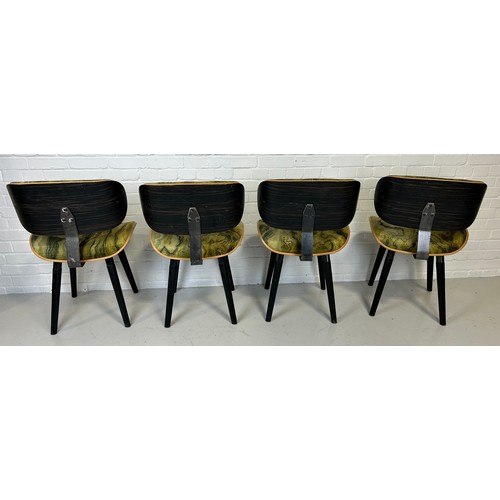 477 - A SET OF FOUR ITALIAN MID CENTURY DESIGN DINING CHAIRS UPHOLSTERED IN GREEN 'MARBLE EFFECT' FABRIC,
... 