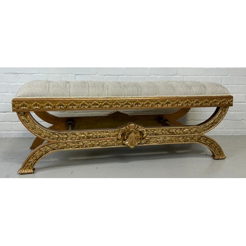 443 - A MODERN EMPIRE STYLE FOOTSTOOL WITH CREAM UPHOLSTERED SEAT,

130cm x 50cm x 42cm