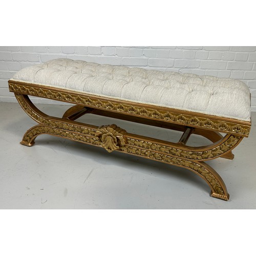 443 - A MODERN EMPIRE STYLE FOOTSTOOL WITH CREAM UPHOLSTERED SEAT,

130cm x 50cm x 42cm