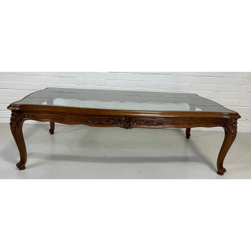 523 - A FRENCH STYLE WOODEN CONSOLE TABLE WITH GLASS TOP,

147cm x 85cm x 44cm