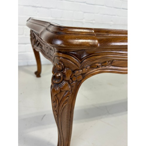 523 - A FRENCH STYLE WOODEN CONSOLE TABLE WITH GLASS TOP,

147cm x 85cm x 44cm