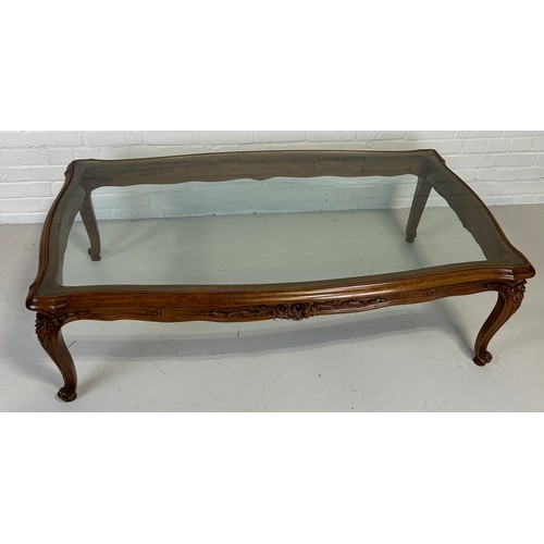 523 - A FRENCH STYLE WOODEN CONSOLE TABLE WITH GLASS TOP,

147cm x 85cm x 44cm