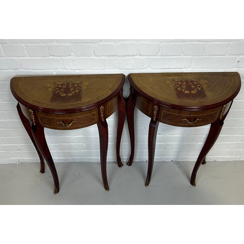 460 - A PAIR OF DEMI LUNE FRENCH STYLE CONSOLE TABLES WITH GILT METAL MOUNTS AND MARQUETRY DETAIL,