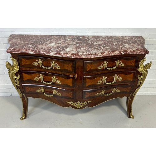 445 - A LARGE LOUIS XVI STYLE BOMBE COMMODE WITH GILT BRONZE MOUNTS,

167cm x 95cm x 58cm