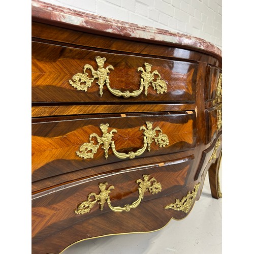 445 - A LARGE LOUIS XVI STYLE BOMBE COMMODE WITH GILT BRONZE MOUNTS,

167cm x 95cm x 58cm