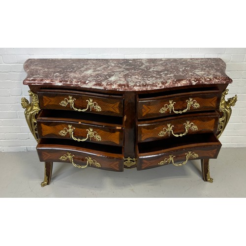 445 - A LARGE LOUIS XVI STYLE BOMBE COMMODE WITH GILT BRONZE MOUNTS,

167cm x 95cm x 58cm