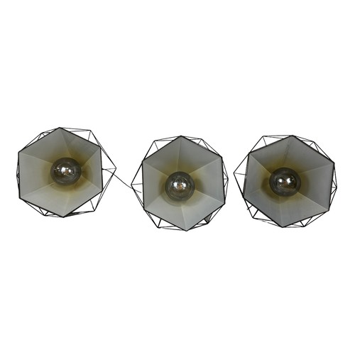 555 - A SET OF THREE HEXAGONAL CEILING LIGHTS, 

65cm drop x 65cm width.