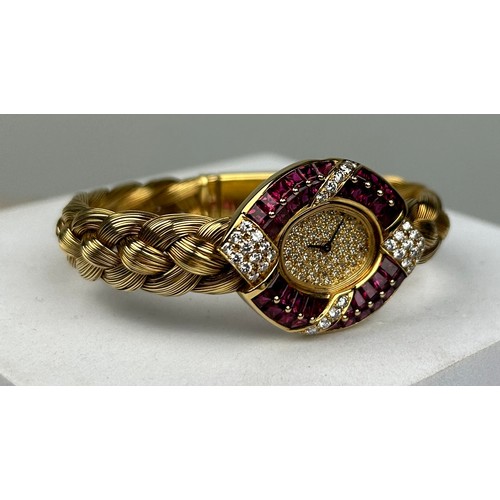 329 - AN 18CT GOLD, RUBY AND DIAMOND SET LADIES WRISTWATCH, 

Weight 63.1gms