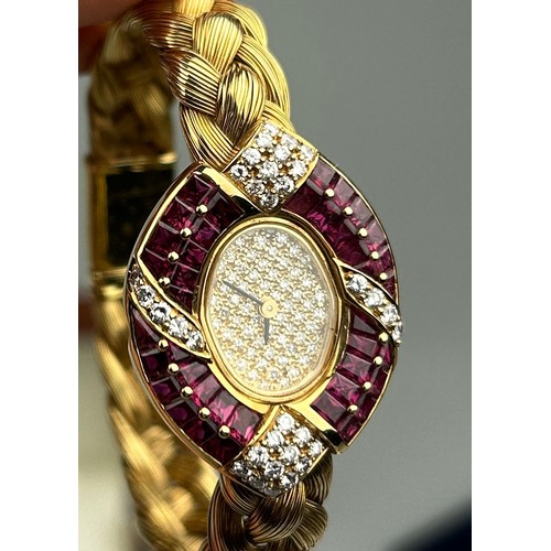 329 - AN 18CT GOLD, RUBY AND DIAMOND SET LADIES WRISTWATCH, 

Weight 63.1gms