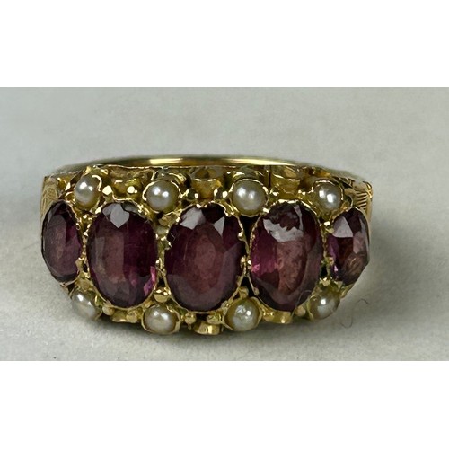 350 - AN 18CT GOLD ANTIQUE RUBY AND SEED PEARL RING, 

Weight: 3.4gms