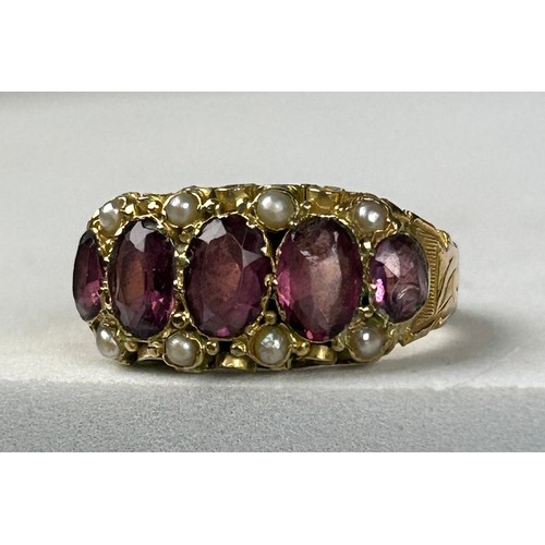 350 - AN 18CT GOLD ANTIQUE RUBY AND SEED PEARL RING, 

Weight: 3.4gms