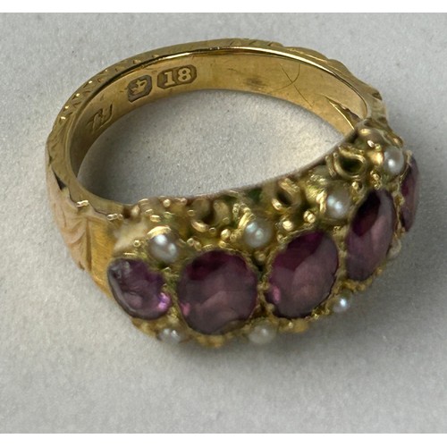 350 - AN 18CT GOLD ANTIQUE RUBY AND SEED PEARL RING, 

Weight: 3.4gms