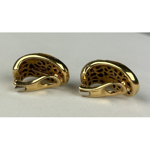 355 - A PAIR OF 18CT GOLD, DIAMONDS AND TIGERS EYE EARRINGS, 

Weight: 19.7gms