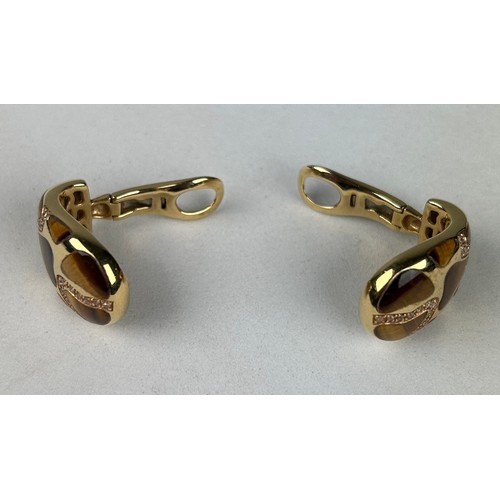 355 - A PAIR OF 18CT GOLD, DIAMONDS AND TIGERS EYE EARRINGS, 

Weight: 19.7gms