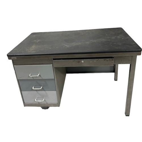 483 - A LARGE 1950'S BELGIAN INDUSTRIAL STYLE DESK BY MEWAF, 

One lockable sliding central drawer and thr... 