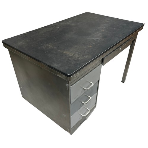 483 - A LARGE 1950'S BELGIAN INDUSTRIAL STYLE DESK BY MEWAF, 

One lockable sliding central drawer and thr... 