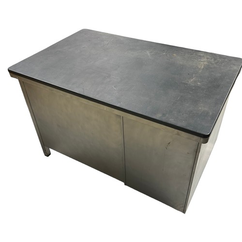 483 - A LARGE 1950'S BELGIAN INDUSTRIAL STYLE DESK BY MEWAF, 

One lockable sliding central drawer and thr... 