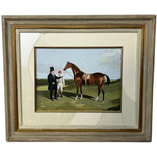 94 - A WATERCOLOUR ON PAPER PAINTING DEPICTING A HORSE, OWNER AND JOCKEY, 

40cm x 30cm

Mounted in a lar... 