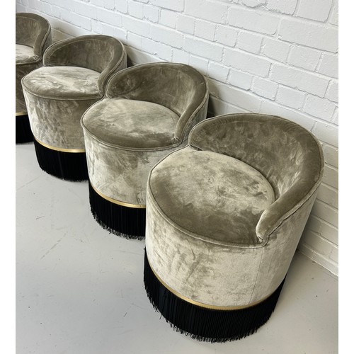 495 - FOUR LOW STOOLS UPHOLSTERED IN GREY VELVET FABRIC WITH FRINGED TASSELS ALONG WITH ANOTHER SMALLER EX... 