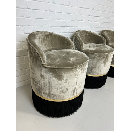 495 - FOUR LOW STOOLS UPHOLSTERED IN GREY VELVET FABRIC WITH FRINGED TASSELS ALONG WITH ANOTHER SMALLER EX... 