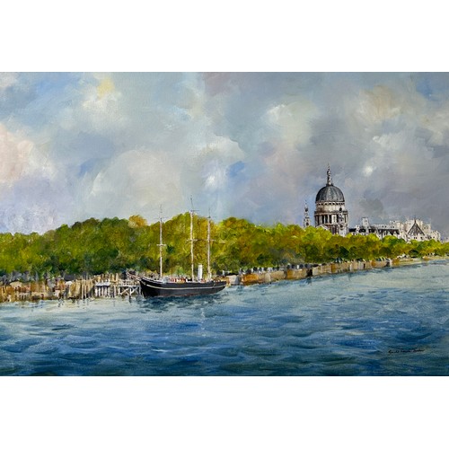 61 - GERALD EDWIN TUCKER: AN OIL ON CANVAS PAINTING OF A BOAT ON A RIVER WITH A CATHEDRAL IN THE BACKGROU... 