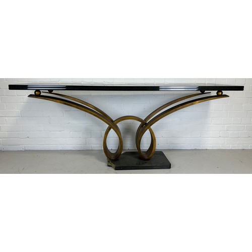 466 - A LARGE HOLLYWOOD REGENCY DESIGN BRONZE CONSOLE TABLE WITH BLACK MARBLE TOP, 

190cm x 75cm x 45cm 
... 