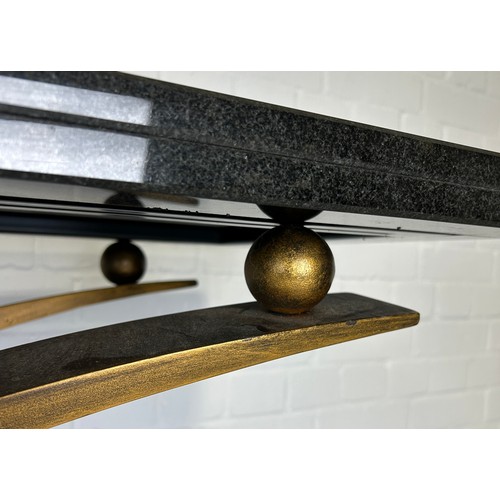 466 - A LARGE HOLLYWOOD REGENCY DESIGN BRONZE CONSOLE TABLE WITH BLACK MARBLE TOP, 

190cm x 75cm x 45cm 
... 