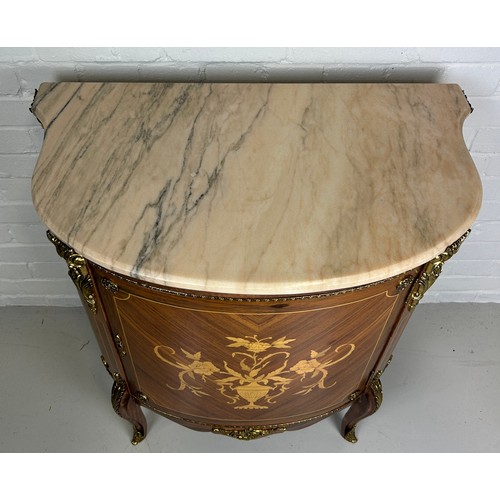 444 - A MODERN FRENCH STYLE COMMODE WITH GILT METAL MOUNTS, MARQUETRY DETAIL AND MARBLE TOP,

82cm x 75cm ... 