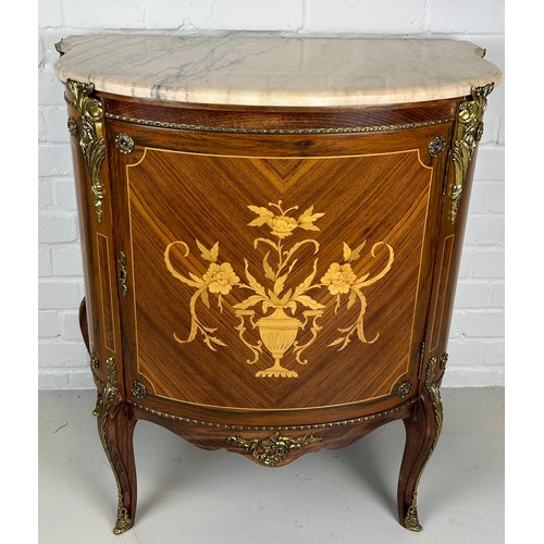 444 - A MODERN FRENCH STYLE COMMODE WITH GILT METAL MOUNTS, MARQUETRY DETAIL AND MARBLE TOP,

82cm x 75cm ... 