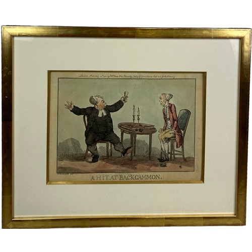 127 - AFTER GEORGE MOUTARD WOODWARD (BRITISH 1760-1809): 'A HIT AT BACKGAMMON', 

Hand coloured print, pub... 