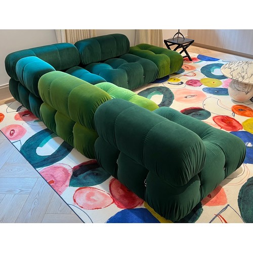 449 - A B&B ITALIA CAMELEONDA MODULAR SOFA UPHOLSTERED IN TWO SHADES OF VELVET, DARK GREEN AND GRASS GREEN... 